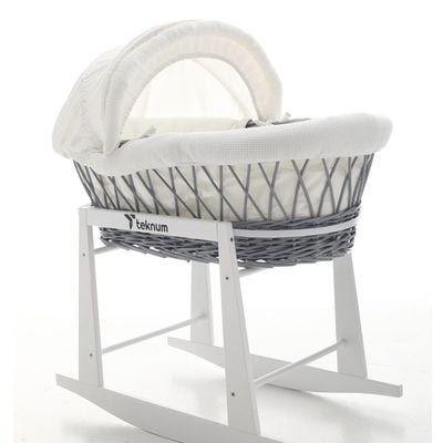 Teknum Infant Wicker Moses Basket with White Waffle Beddings & White Rocker Stand - Wooden Grey 