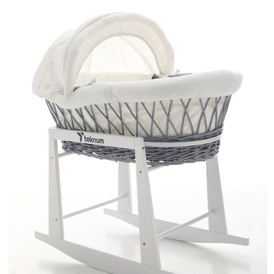 Teknum Infant Wicker Moses Basket With White Waffle Beddings & White Rocker Stand - Wooden Grey 