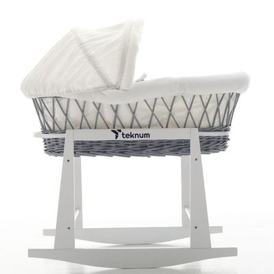 Teknum Infant Wicker Moses Basket with White Waffle Beddings & White Rocker Stand - Wooden Grey 