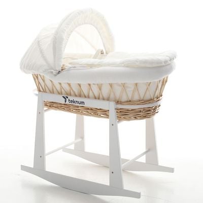 Teknum Infant Wicker Moses Basket With White Waffle Beddings & White Rocker Stand - Wooden Brown