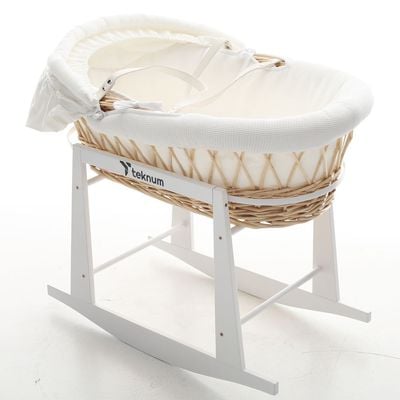 Teknum Infant Wicker Moses Basket with White Waffle Beddings & White Rocker Stand - Wooden Brown