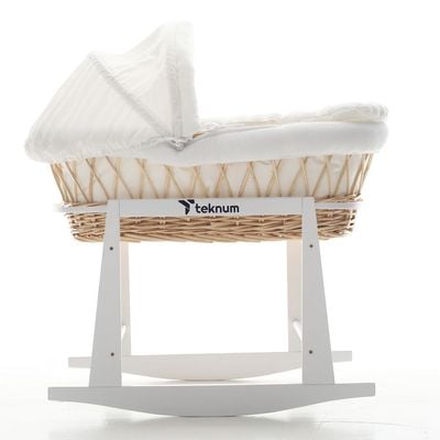 Teknum Infant Wicker Moses Basket with White Waffle Beddings & White Rocker Stand - Wooden Brown