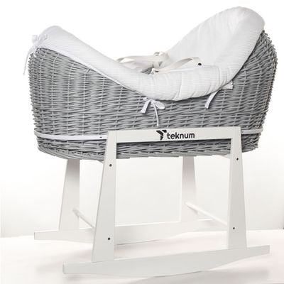 Teknum Infant Wicker Pod Moses Basket with White Waffle Beddings & White Rocker Stand - Wooden Grey 