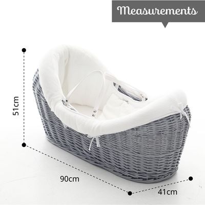 Teknum Infant Wicker Pod Moses Basket with White Waffle Beddings & White Rocker Stand - Wooden Grey 