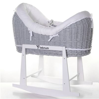 Teknum Infant Wicker Pod Moses Basket with White Waffle Beddings & White Rocker Stand - Wooden Grey 