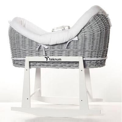 Teknum Infant Wicker Pod Moses Basket with White Waffle Beddings & White Rocker Stand - Wooden Grey 