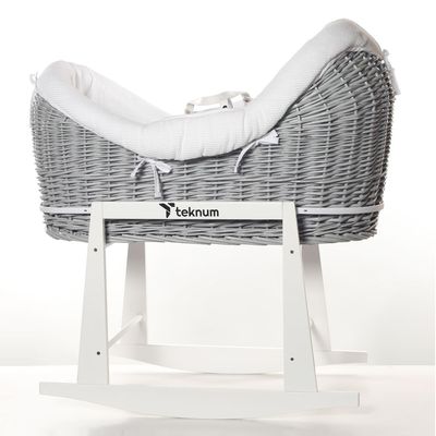 Teknum Infant Wicker Pod Moses Basket With White Waffle Beddings & White Rocker Stand - Wooden Grey 