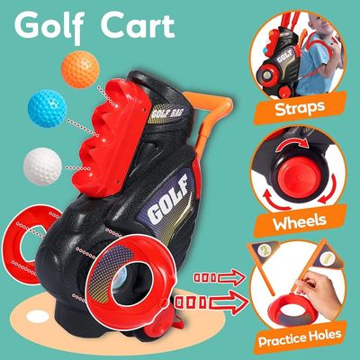 Little Story Kids Golf Kit W/ Mobility Cart, 3 Golf Clubs, 6 Golf Balls, 2 Base, 2 Flag & 2 Practice Holes