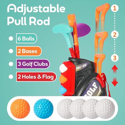 Little Story Kids Golf Kit w / Mobility Cart, 3 Golf Clubs, 6 Golf Balls, 2 Base, 2 Flag & 2 Practice Holes