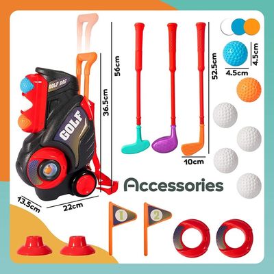 Little Story Kids Golf Kit w / Mobility Cart, 3 Golf Clubs, 6 Golf Balls, 2 Base, 2 Flag & 2 Practice Holes