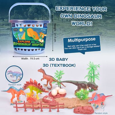 Little Story 21Pcs Dinosaur World Bucket Set With 5Pcs Dinosaur, 3Pcs Egg, and Scene Accessories and 1 Basket - Multicolor