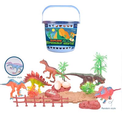 Little Story 21Pcs Dinosaur World Bucket Set With 5Pcs Dinosaur, 3Pcs Egg, and Scene Accessories and 1 Basket - Multicolor