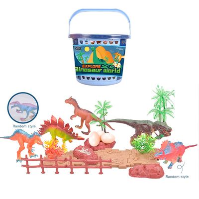 Little Story 21 Pcs Dinosaur World Bucket Set With 5Pcs Dinosaur, 3Pcs Egg, And Scene Accessories And 1 Basket - Multicolor