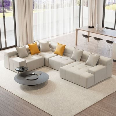 L-Shaped Modern Off White Velvet Modular Sectional Sofa with Chaise-Beige