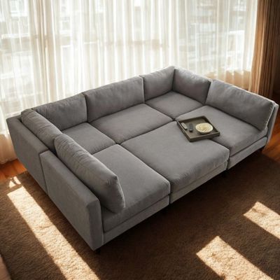 Chelsea Modular Sectional Sofa with Ottoman | Grey Upholstered L-Shaped Sofa Set | Modern Reversible Seats | Spacious Corner Couch for Living Room | Sturdy Wooden Frame | High-Density Foam Seating