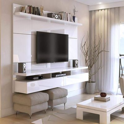 63 inch White Gloss Floating Entertainment Center with Storage Doors-White