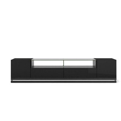Vanderbilt TV Stand and Cabrini 2.2 Floating Wall TV Panel with LED Lights in Black Gloss and Black Matte