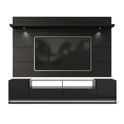 Vanderbilt TV Stand and Cabrini 2.2 Floating Wall TV Panel with LED Lights in Black Gloss and Black Matte