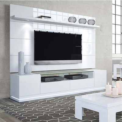 Vanderbilt TV Stand and Cabrini 2.2 Floating Wall TV Panel with LED Lights in White Gloss and Black Matte