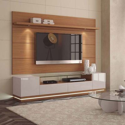 Vanderbilt TV Stand and Cabrini 2.2 Floating Wall TV Panel with LED Lights in White and Brown Color