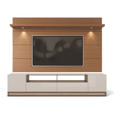 Vanderbilt TV Stand and Cabrini 2.2 Floating Wall TV Panel with LED Lights in White and Brown Color