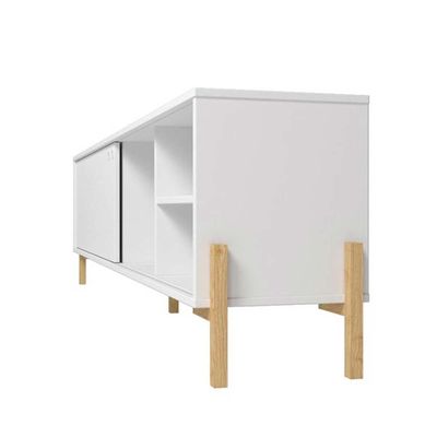 Bowery TV Stand in White and Oak-Modern Entertainment Console-Stylish Media Unit with Two-Tone Finish-Durable Construction with Open Shelves and Storage Cabinets-Supports Flat-Screen TVs-Contemporary Design for Living Room or Media Room Bowery TV Stand in White and Oak-Modern Entertainment Console-Stylish Media Unit with Two-Tone Finish-Durable Construction with Open Shelves and Storage Cabinets-Supports Flat-Screen TVs-Contemporary Design for Living Room or Media Room