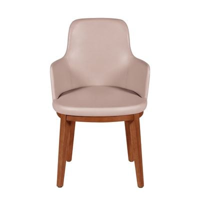 Tramontina London Chair With Arms in Almond-Colored Brazilian Tauari Wood and Beige Leatherette Upholstery-Wood