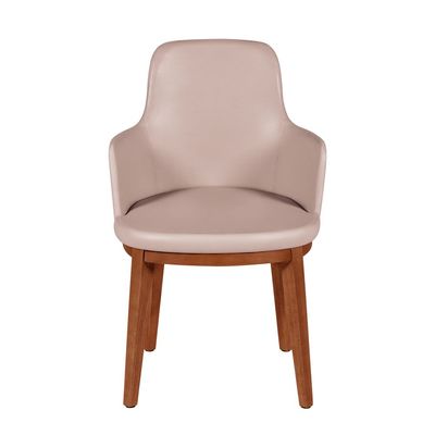 Tramontina London Chair With Arms in Almond-Colored Brazilian Tauari Wood and Beige Leatherette Upholstery-Wood