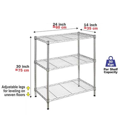 CamelTough Wire Rack 3 Shelf Adjustable Storage Rack-L 60 x W 35 x H 75 cm 330 Lbs-Chrome-HTC-WR602