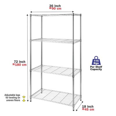 CamelTough Wire Rack 4 Shelf Adjustable Storage Rack-L 90 x W 45 x H 180 cm 1000 Lbs-Chrome-HTC-WR605