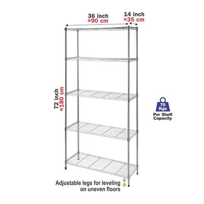 CamelTough Wire Rack 5 Shelf Adjustable Storage Rack-L 90 x W 35 x H 180 cm 600 Lbs -Chrome-HTC-WR606