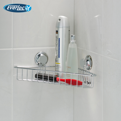 Everloc Single Shelf Corner Rack, No Drilling, No Screws, No Glue, No Adhesive, Vacuum Suction Wall Mounted, Chrome Corner Bathroom Accessories Holder, Shower Rack, Easy Install, EVL-10201
