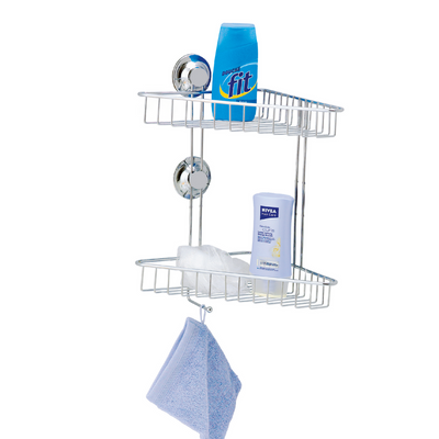 Everloc 2 Shelf Corner Rack, No Drilling, No Screws, No Glue, No Adhesive, Vacuum Suction Wall Mounted, Chrome Corner Bathroom Accessories Holder, Shower Rack, Easy Install, EVL-10202