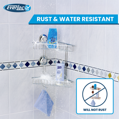 Everloc 2 Shelf Corner Rack, No Drilling, No Screws, No Glue, No Adhesive, Vacuum Suction Wall Mounted, Chrome Corner Bathroom Accessories Holder, Shower Rack, Easy Install, EVL-10202