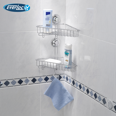 Everloc 2 Shelf Corner Rack, No Drilling, No Screws, No Glue, No Adhesive, Vacuum Suction Wall Mounted, Chrome Corner Bathroom Accessories Holder, Shower Rack, Easy Install, EVL-10202