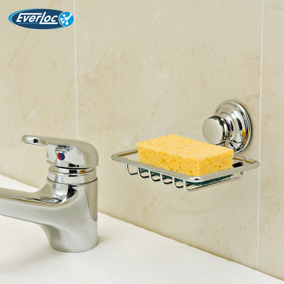 Everloc soap holder, no drilling, no screws, no glue, no adhesive, vacuum suction wall mounted chrome sponge holder, sink soap dish, easy install, EVL-10200