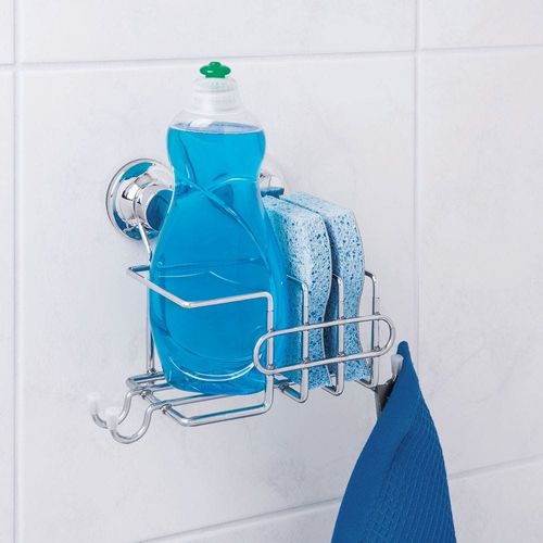 Everloc Cleaning Accessories Organizer, No Drilling, No Screws, No Glue, No Adhesive Vacuum Suction Wall Mounted Chrome Sink Caddy, Sponge Holder, for Bathroom, Kitchen, Easy Install, EVL-10242