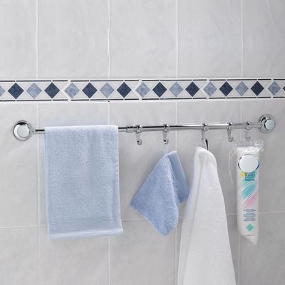 Everloc Towel Rail 5 Hooks, No Drilling, No Screws, No Glue, No Adhesive, Vacuum Suction Wall Mounted Chrome, Towel Napkin Holder, Bath Towel Rod Hanger for Bathroom Kitchen, Easy Install, EVL-10265