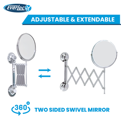 Everloc Round Mirror, No Drilling, No Screws, No Glue, No Adhesive, Vacuum Suction Magnifying Extendable Bathroom Mirror, Flexible, Adjustable, Easy Install, EVL-10210
