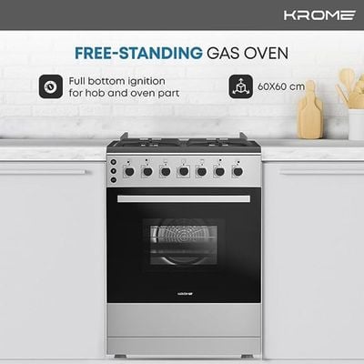 KROME 60x60cm Free Standing Cooker, Gas Oven, Full Gas Ignition, INOX