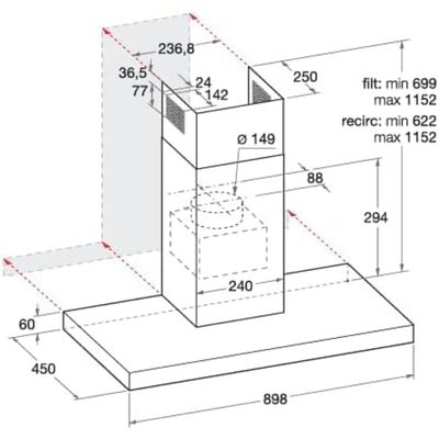 Ariston Built In 90cm Chimney Hood, Telescopic, Wall mounted, Inox