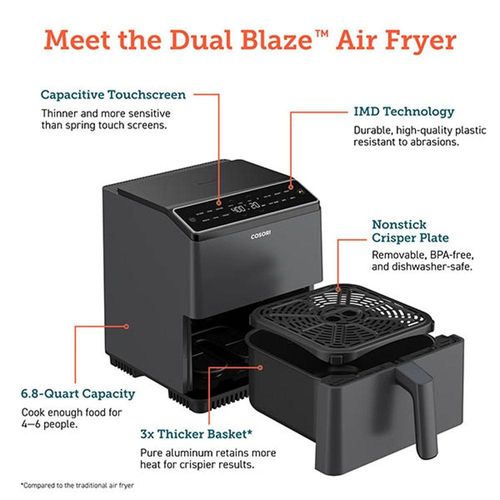 COSORI Smart Air Fryer Oven Dual Blaze 6.4L | Double Heating Elements | No Shaking & No Preheating | APP Control | 12 Functions | Air Fry | Roast | Bake | Reheat | Dishwasher Safe | Grey