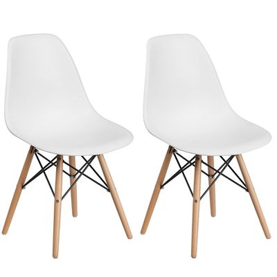 Mahmayi Set of 2 Eames Style Chair with Walnut Wood Legs Eiffel Dining Room Chair - Lounge Chair Without Arms Chair Seat Wooden Wood Eiffel Legged Base Molded Plastic Seat Dining Chair - White