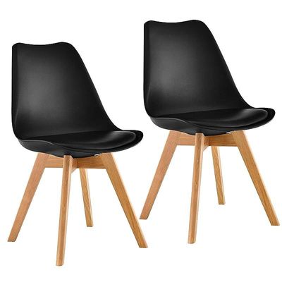 Eames Dining Plastic Chair Beech Wooden Legs with PU Leather Seat-Black (Set of 2), BLF009A BLK, Dining-CH2-BLACK