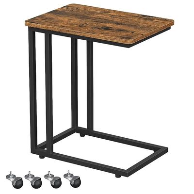 Mahmayi Dark Brown and Black LNT50X End Table with Rolling Casters Industrial Side Coffee Laptop Mobile Table Steel Frame for Living Room, Bedroom, Office (50x35x60cm)