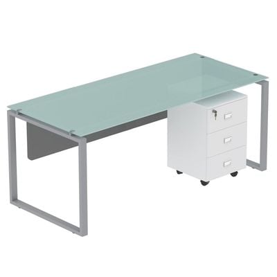 Carre Modern Workstation Desk Steel Square Metal Legs With Silver Modesty Panel (160CM, White)
