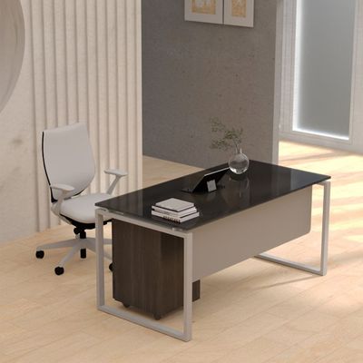 Mahmayi Glas 4114 Modern Workstation Desk with Mobile Drawer, Steel Square Metal Legs with Silver Modesty Panel (140CM, Black)