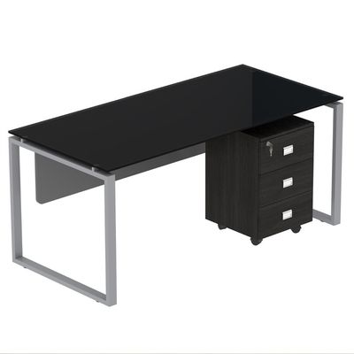 Mahmayi Glas 4114 Modern Workstation Desk with Mobile Drawer, Steel Square Metal Legs with Silver Modesty Panel (140CM, Black)