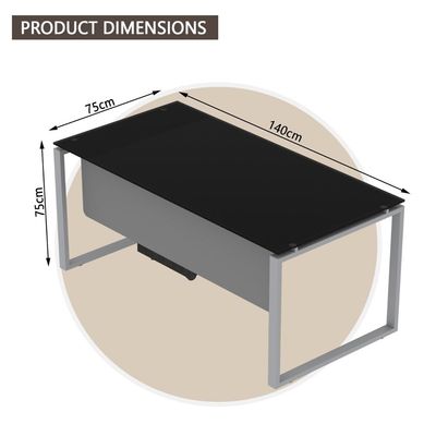 مكتب محطة العمل الحديث Mahmayi Glas 4114 مع درج متحرك، وأرجل معدنية مربعة من الفولاذ مع لوحة فضية متواضعة (140 سم، أسود)