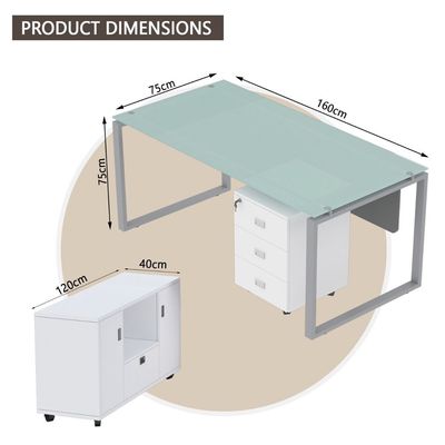 Glass 4116L Executive Modern Workstation Desk With Tempered Glass Top Square Metal Legs Dual Tone - W160Cms X D75Cms X H75Cms (White)